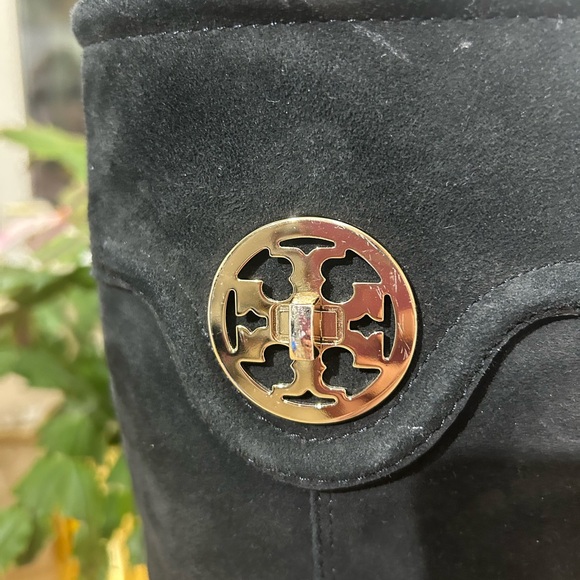 Tory Burch Black Suede below Knee Logo Boots - Picture 2 of 12